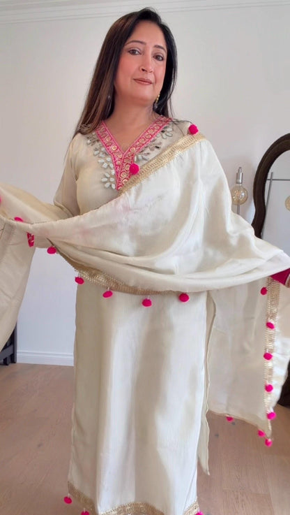 Ivory Silk Kurta Set with Pink Pom Pom Dupatta