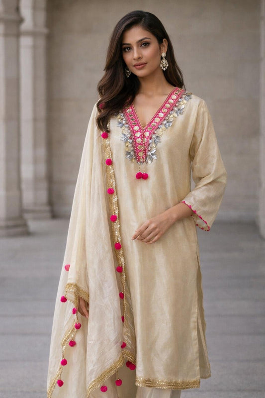 Ivory Silk Kurta Set with Pink Pom Pom Dupatta