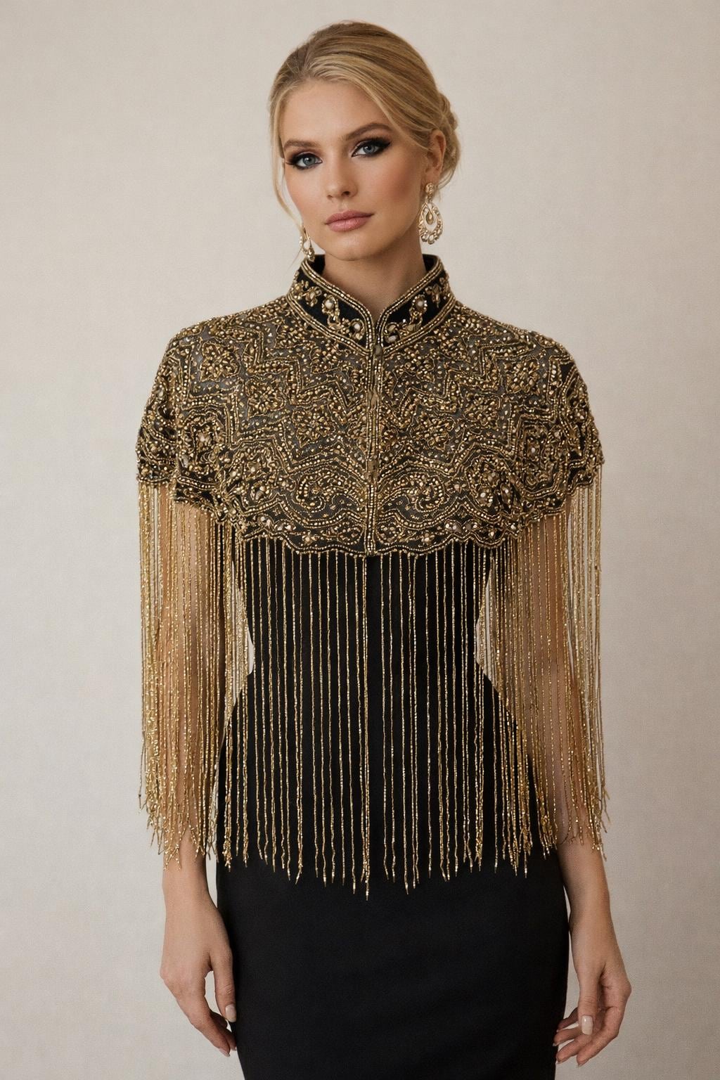 Black Gold Embroidered Cape Jacket