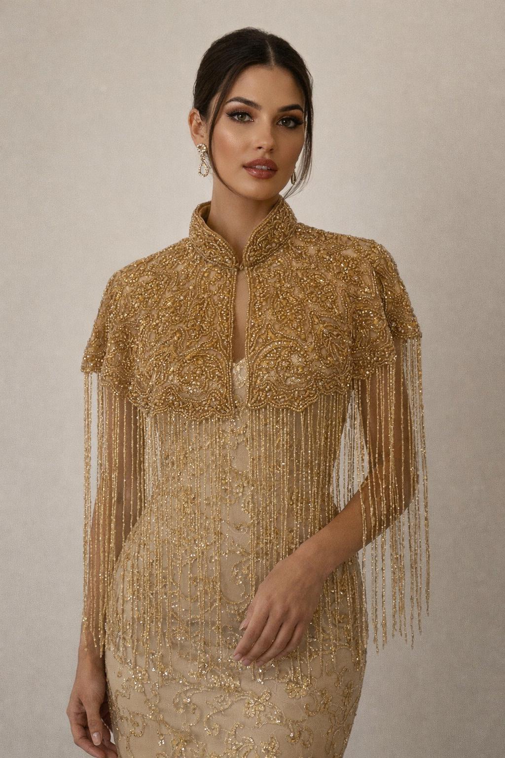 Gold Embroidered Fringe Cape Jacket