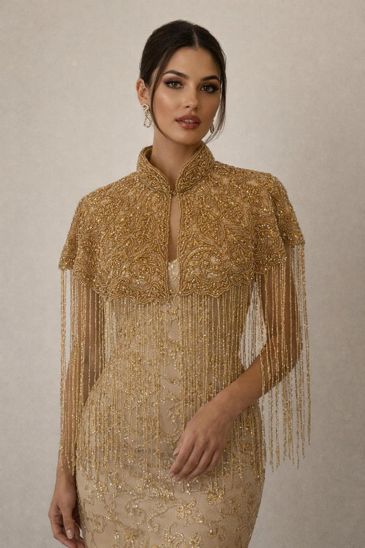 Gold Embroidered Fringe Cape Jacket