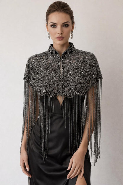 Black Grey Embroidered Fringe Cape