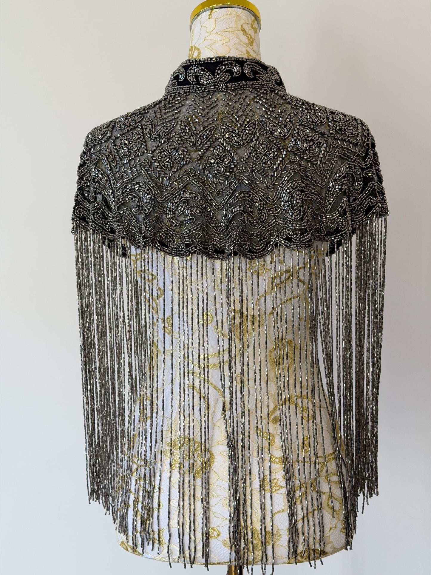 Black Grey Embroidered Fringe Cape