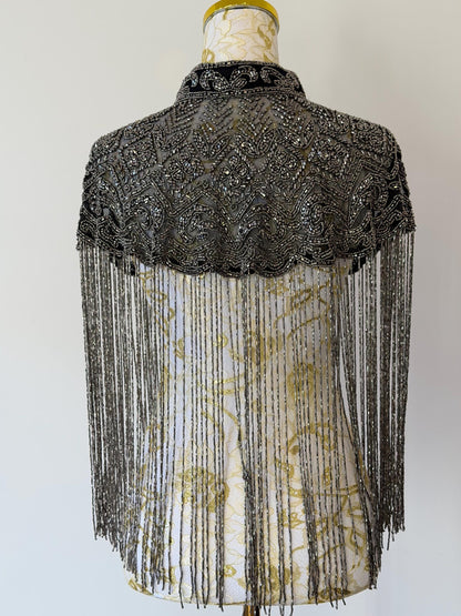 Black Grey Embroidered Fringe Cape