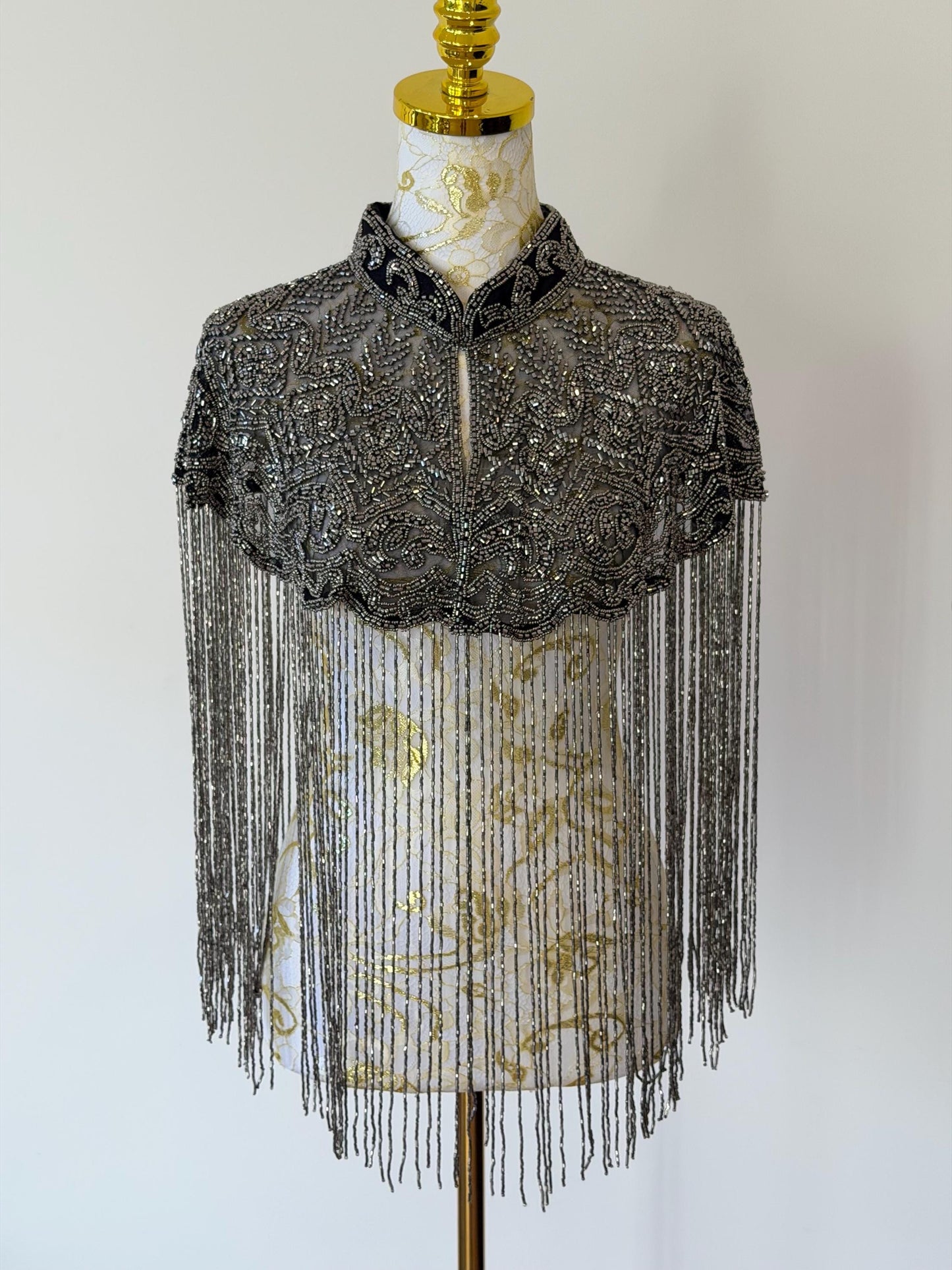 Black Grey Embroidered Fringe Cape