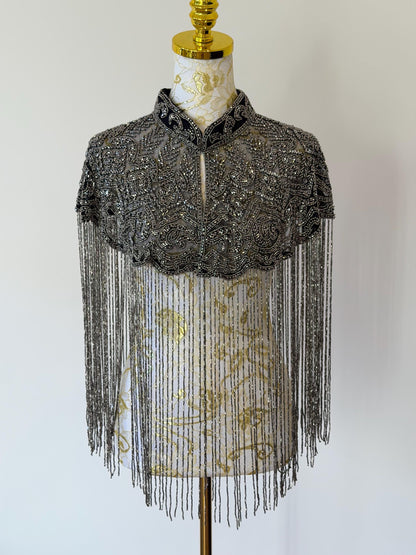 Black Grey Embroidered Fringe Cape