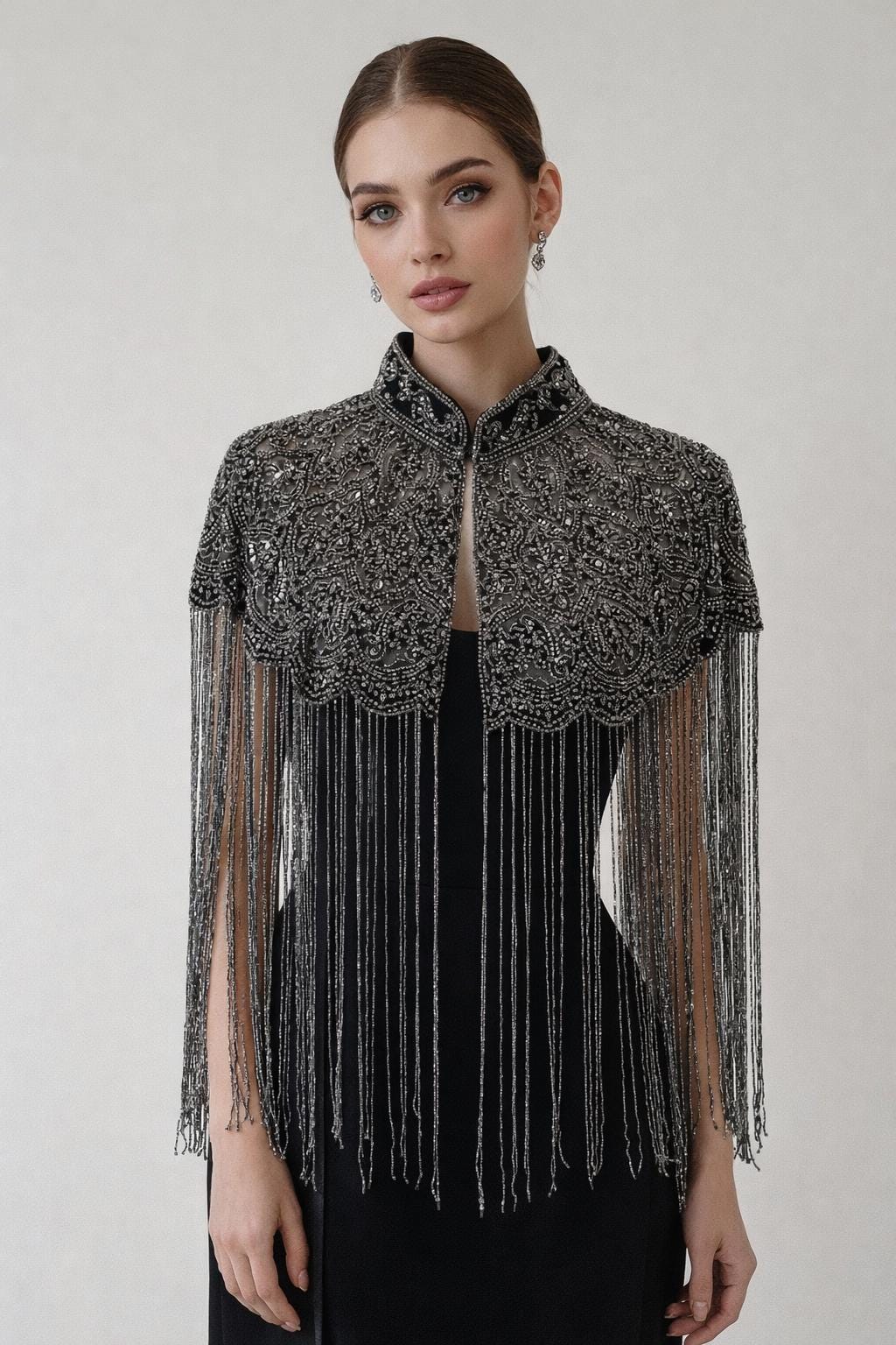Black Grey Embroidered Fringe Cape