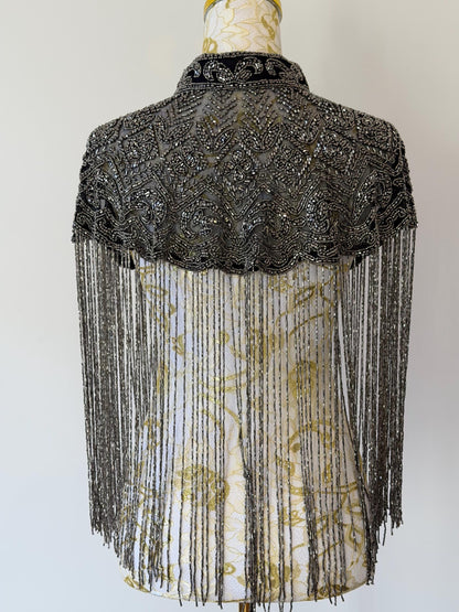 Black Grey Embroidered Fringe Cape