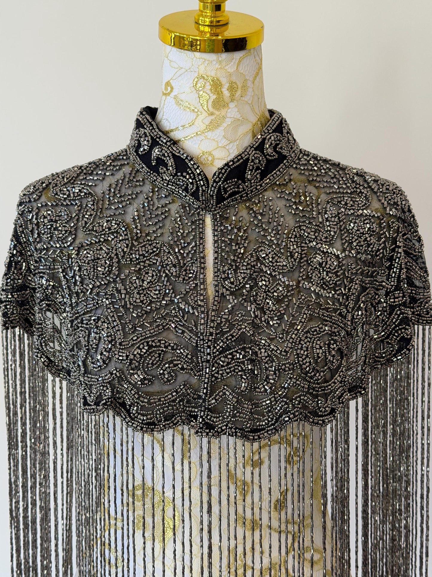 Black Grey Embroidered Fringe Cape