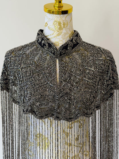 Black Grey Embroidered Fringe Cape