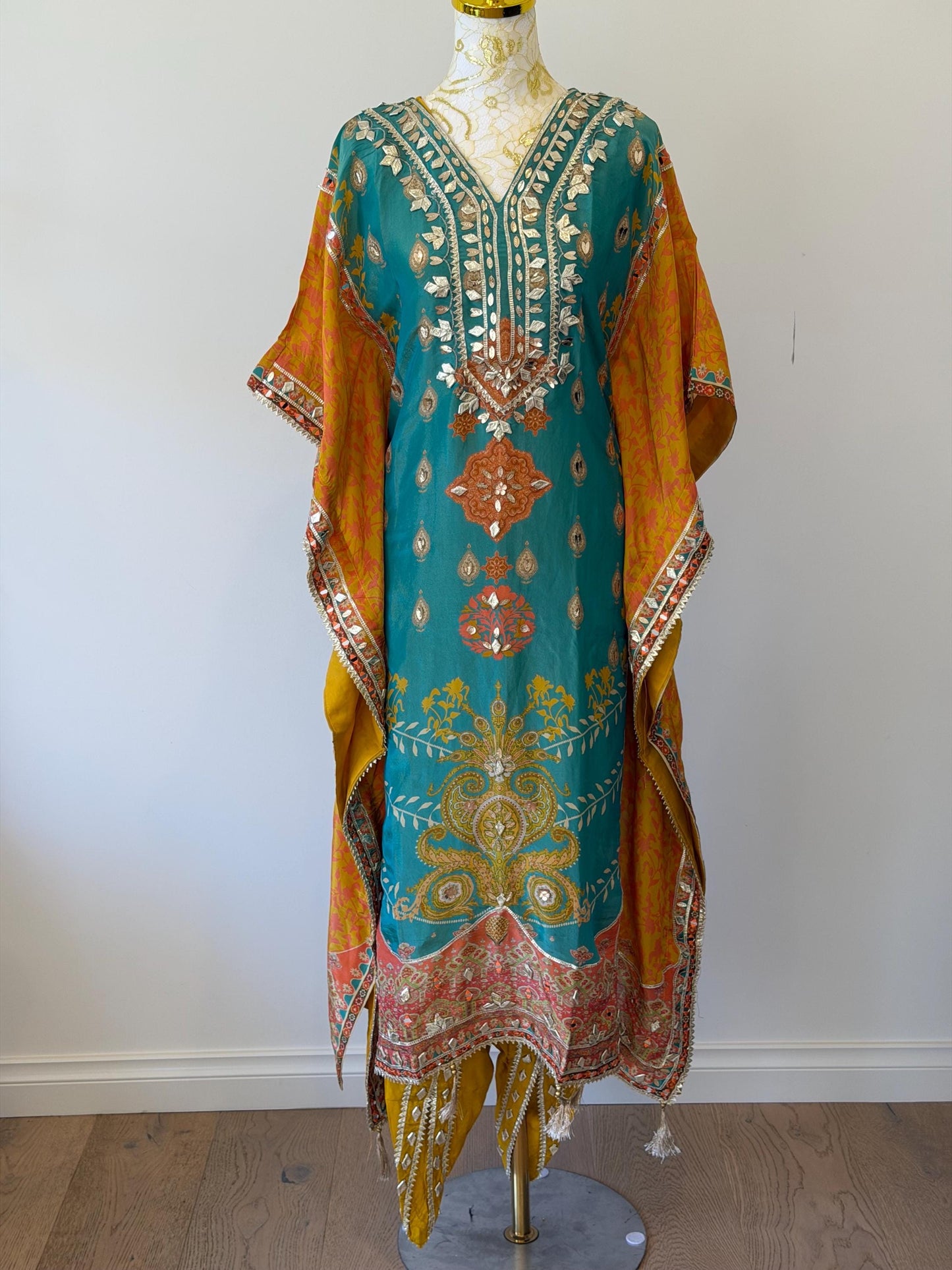 Shimmer Georgette Kaftan Kurti Set with Tulip Pants, Gotta Patti Print