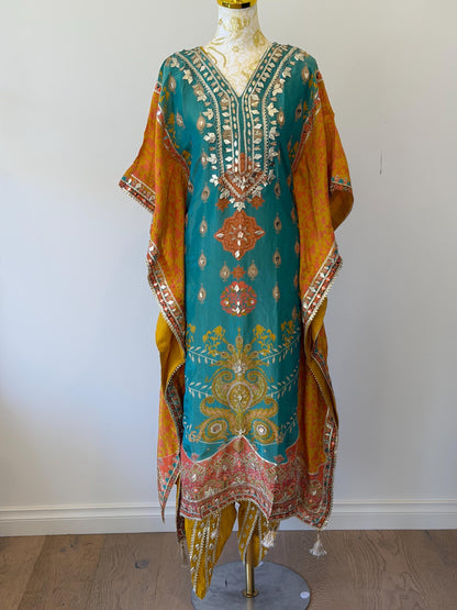 Shimmer Georgette Kaftan Kurti Set with Tulip Pants, Gotta Patti Print