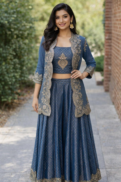 Blue Georgette Shimmer jacket indo western style