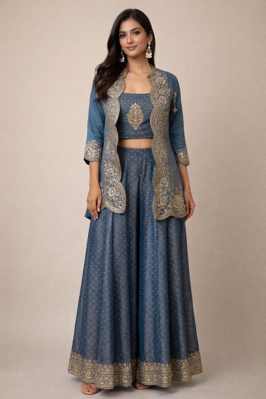 Blue Georgette Shimmer jacket indo western style