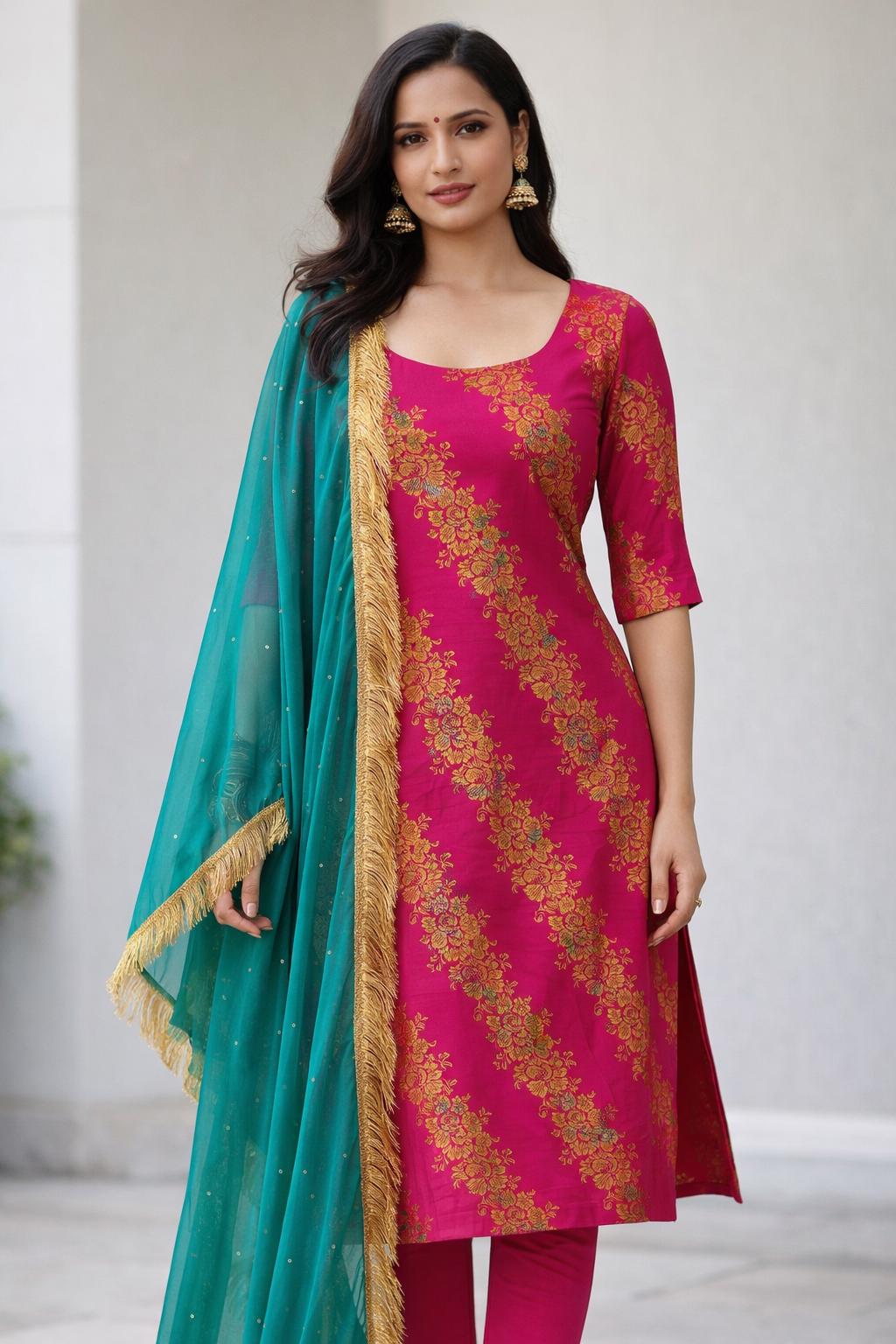 Pink Brocade Silk Suit Set Teal Dupatta, Size 44