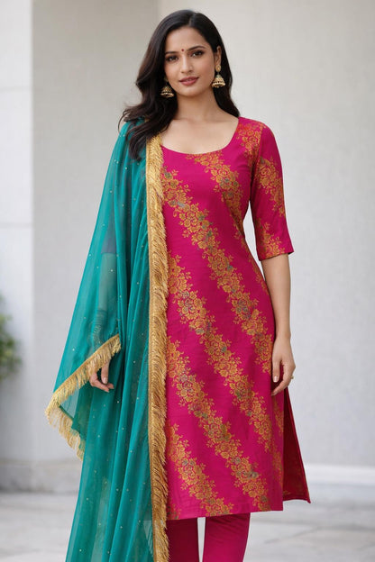 Pink Brocade Silk Suit Set Teal Dupatta, Size 44