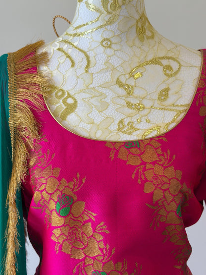 Pink Brocade Silk Suit Set Teal Dupatta, Size 44