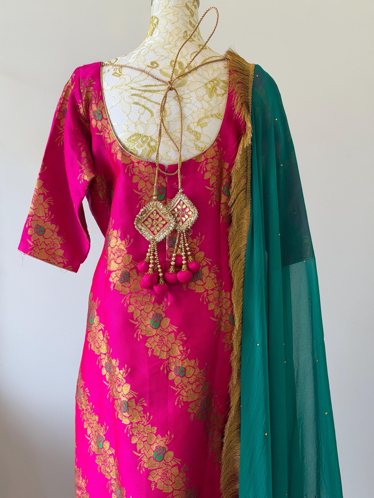 Pink Brocade Silk Suit Set Teal Dupatta, Size 44
