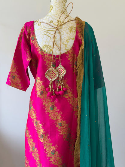 Pink Brocade Silk Suit Set Teal Dupatta, Size 44