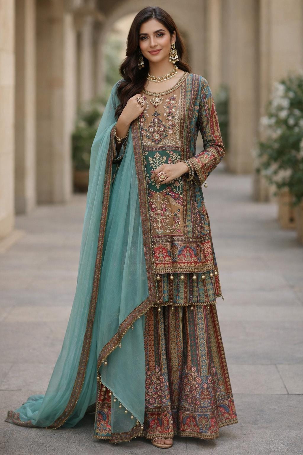 Vintage Inspired Printed Kurta Sharara Set with Dupatta | Ethnic Indian Wedding Outfit