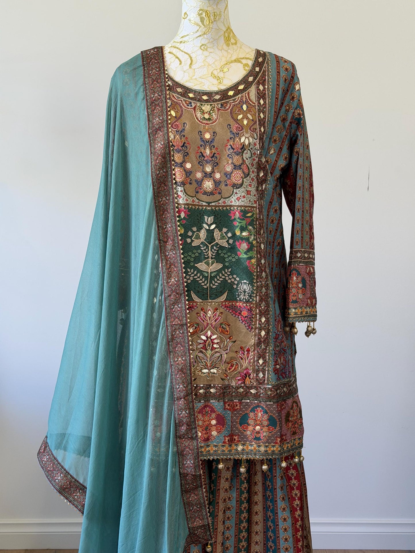 Vintage Inspired Printed Kurta Sharara Set with Dupatta | Ethnic Indian Wedding Outfit