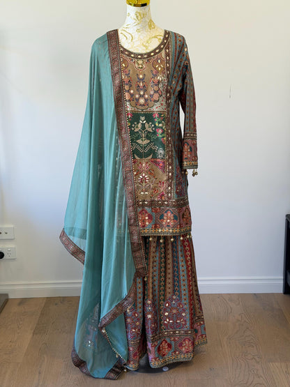 Vintage Inspired Printed Kurta Sharara Set with Dupatta | Ethnic Indian Wedding Outfit