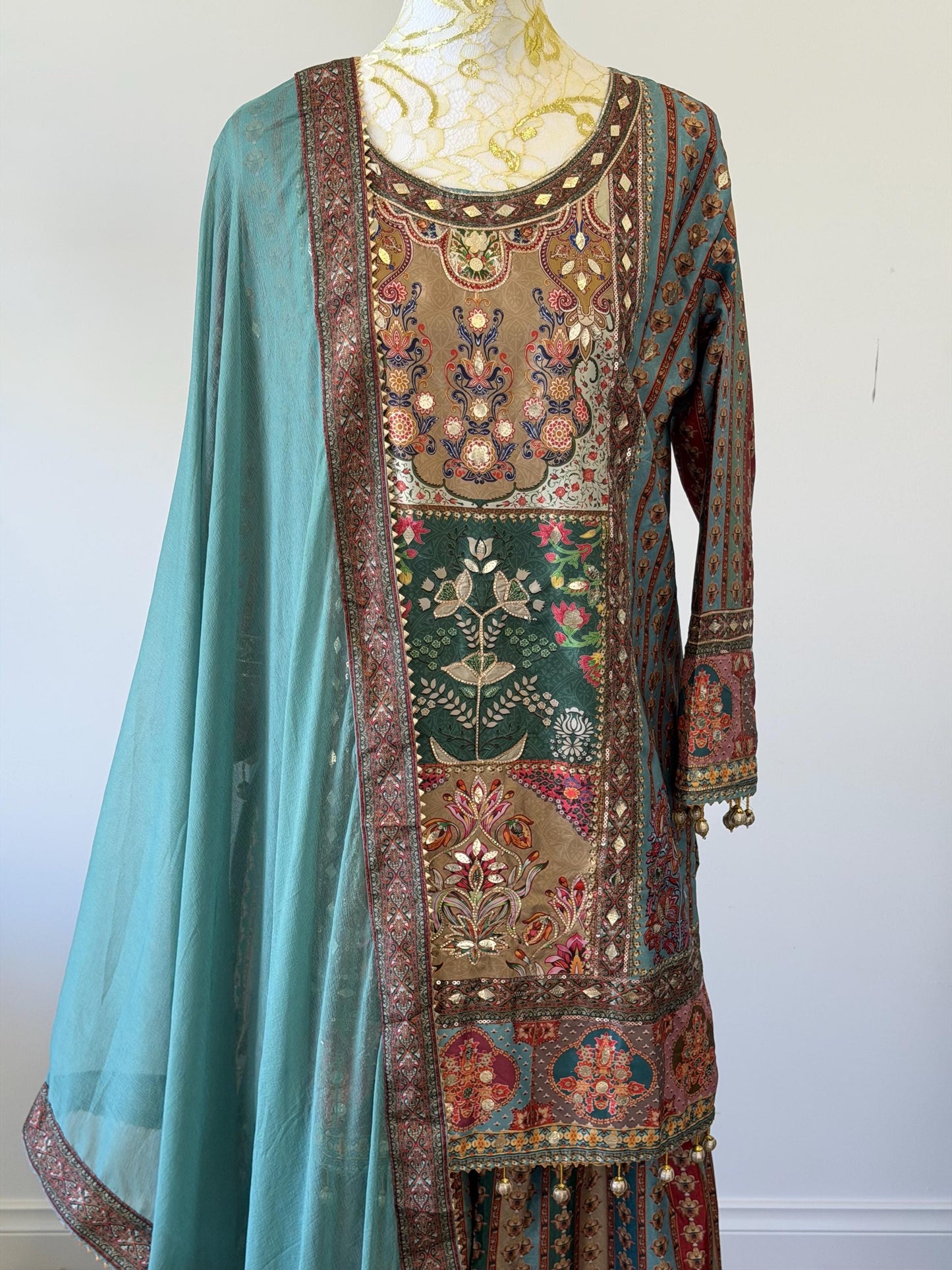 Vintage Inspired Printed Kurta Sharara Set with Dupatta | Ethnic Indian Wedding Outfit