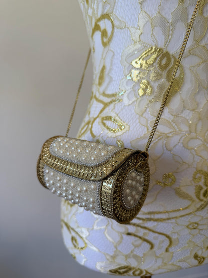Vintage Pearl Beaded Cylindrical Clutch | Antique Gold Bridal Evening Bag