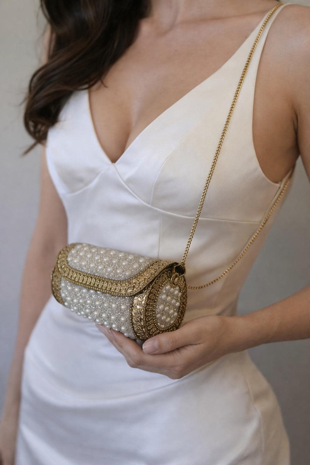Vintage Pearl Beaded Cylindrical Clutch | Antique Gold Bridal Evening Bag