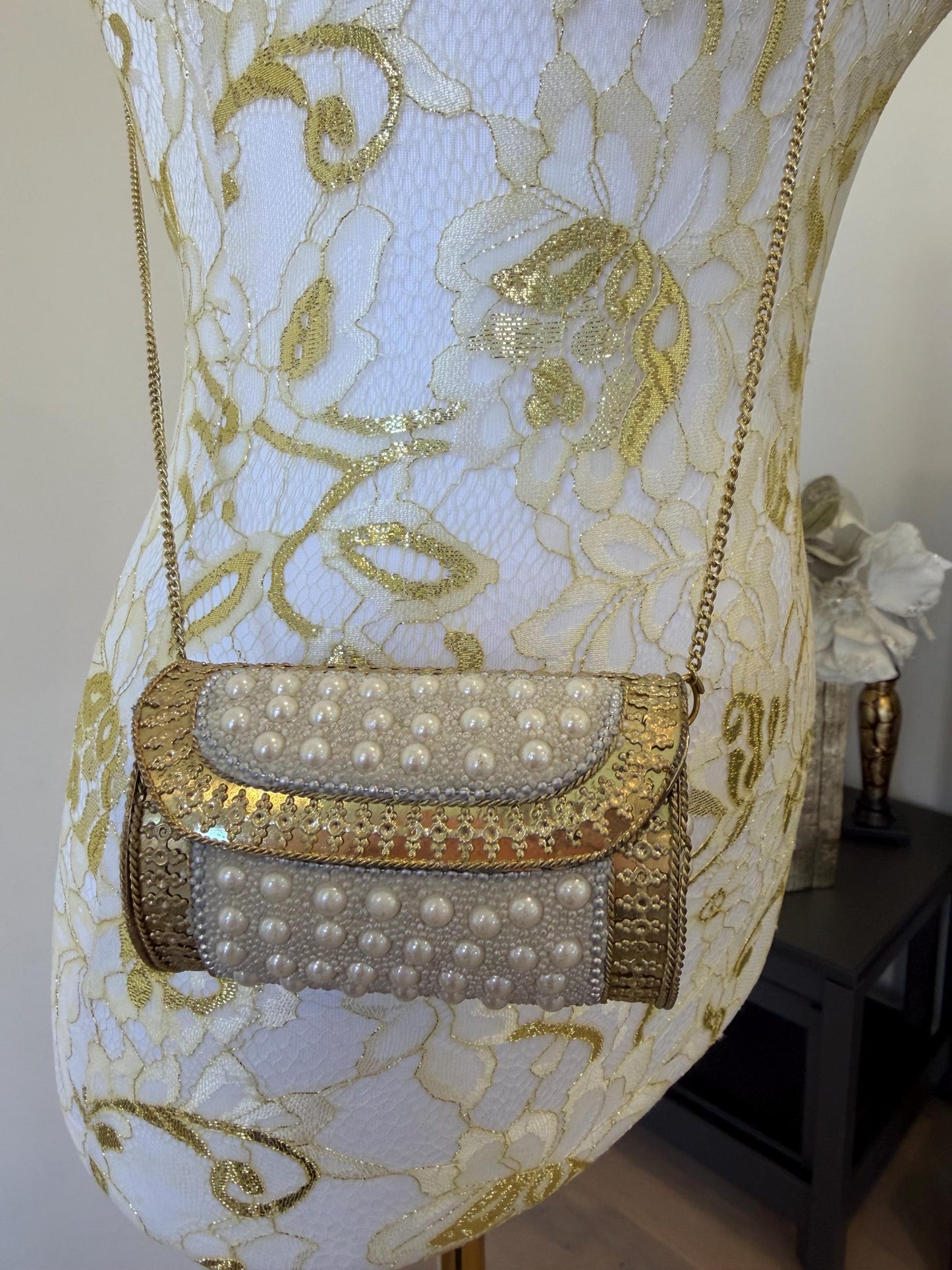 Vintage Pearl Beaded Cylindrical Clutch | Antique Gold Bridal Evening Bag
