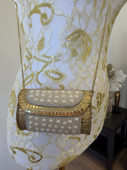 Vintage Pearl Beaded Cylindrical Clutch | Antique Gold Bridal Evening Bag