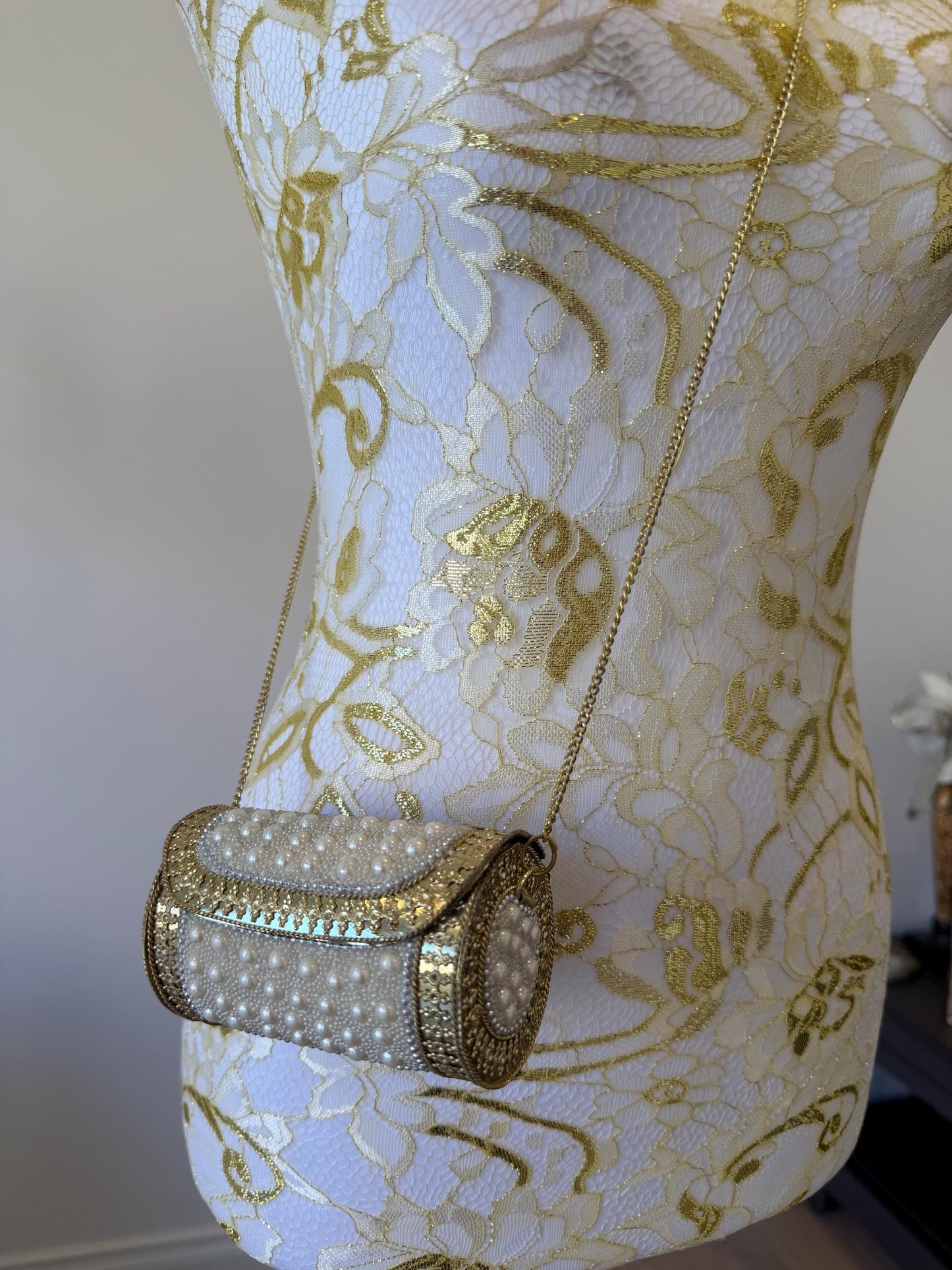 Vintage Pearl Beaded Cylindrical Clutch | Antique Gold Bridal Evening Bag