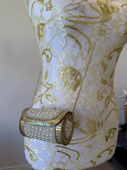 Vintage Pearl Beaded Cylindrical Clutch | Antique Gold Bridal Evening Bag