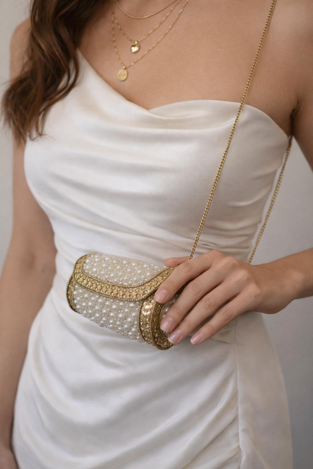 Vintage Pearl Beaded Cylindrical Clutch | Antique Gold Bridal Evening Bag
