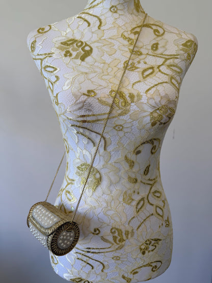 Vintage Pearl Beaded Cylindrical Clutch | Antique Gold Bridal Evening Bag