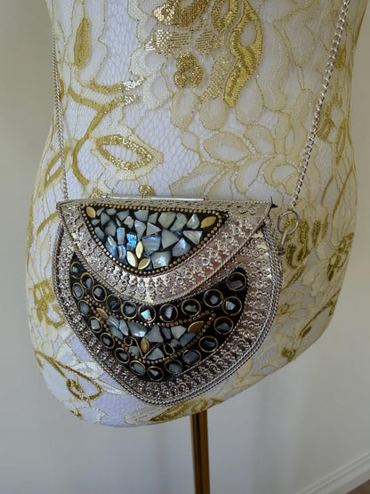 Vintage Mosaic Metal Sling Bag | Boho Mirror Clutch Purse, Evening Bag