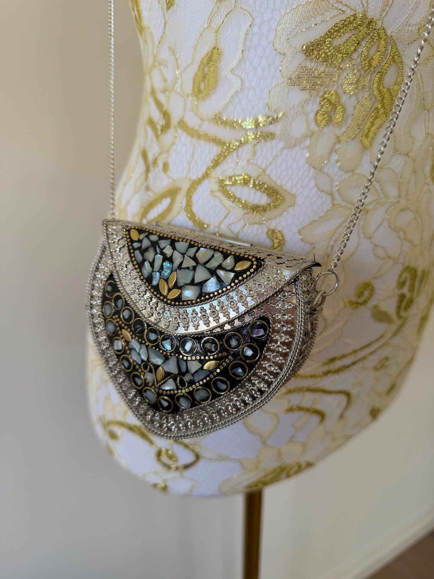 Vintage Mosaic Metal Sling Bag | Boho Mirror Clutch Purse, Evening Bag