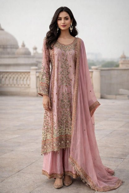 Dusty Pink Lavender Designer Plazo Suit Chiffon Dupatta