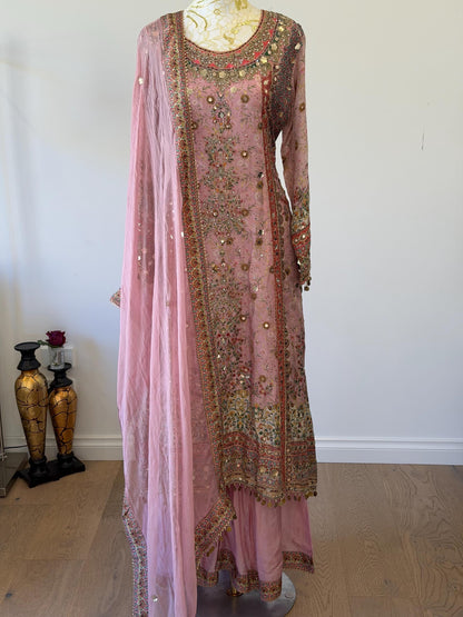 Dusty Pink Lavender Designer Plazo Suit Chiffon Dupatta