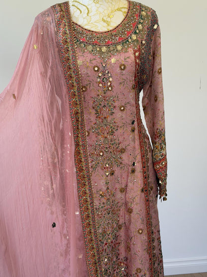 Dusty Pink Lavender Designer Plazo Suit Chiffon Dupatta
