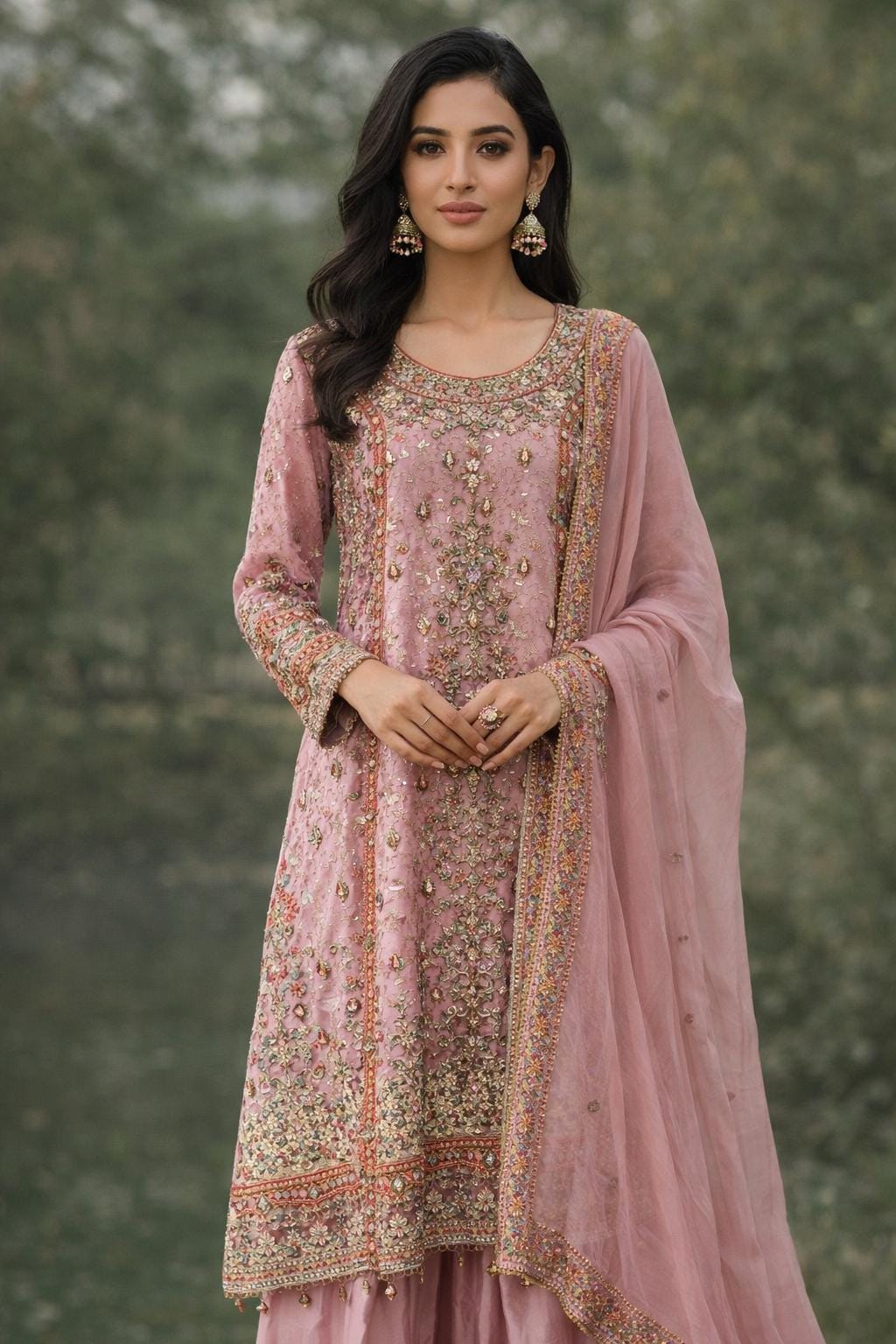 Dusty Pink Lavender Designer Plazo Suit Chiffon Dupatta