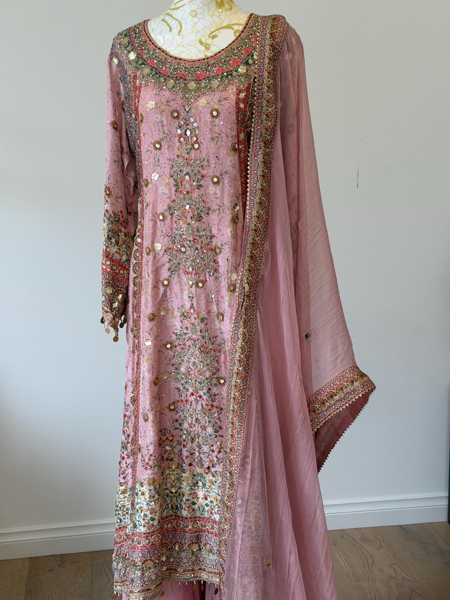 Dusty Pink Lavender Designer Plazo Suit Chiffon Dupatta