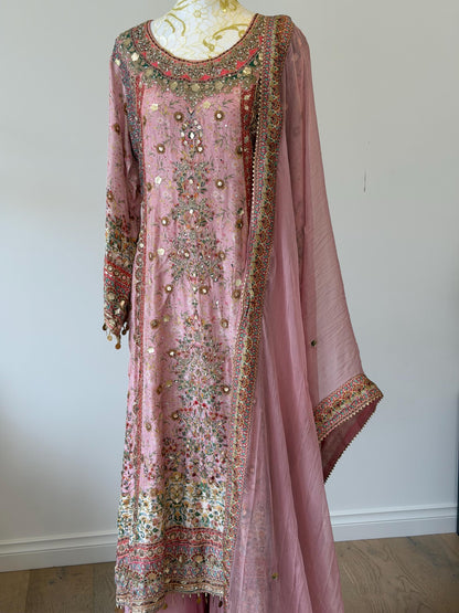Dusty Pink Lavender Designer Plazo Suit Chiffon Dupatta