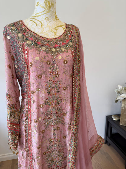 Dusty Pink Lavender Designer Plazo Suit Chiffon Dupatta