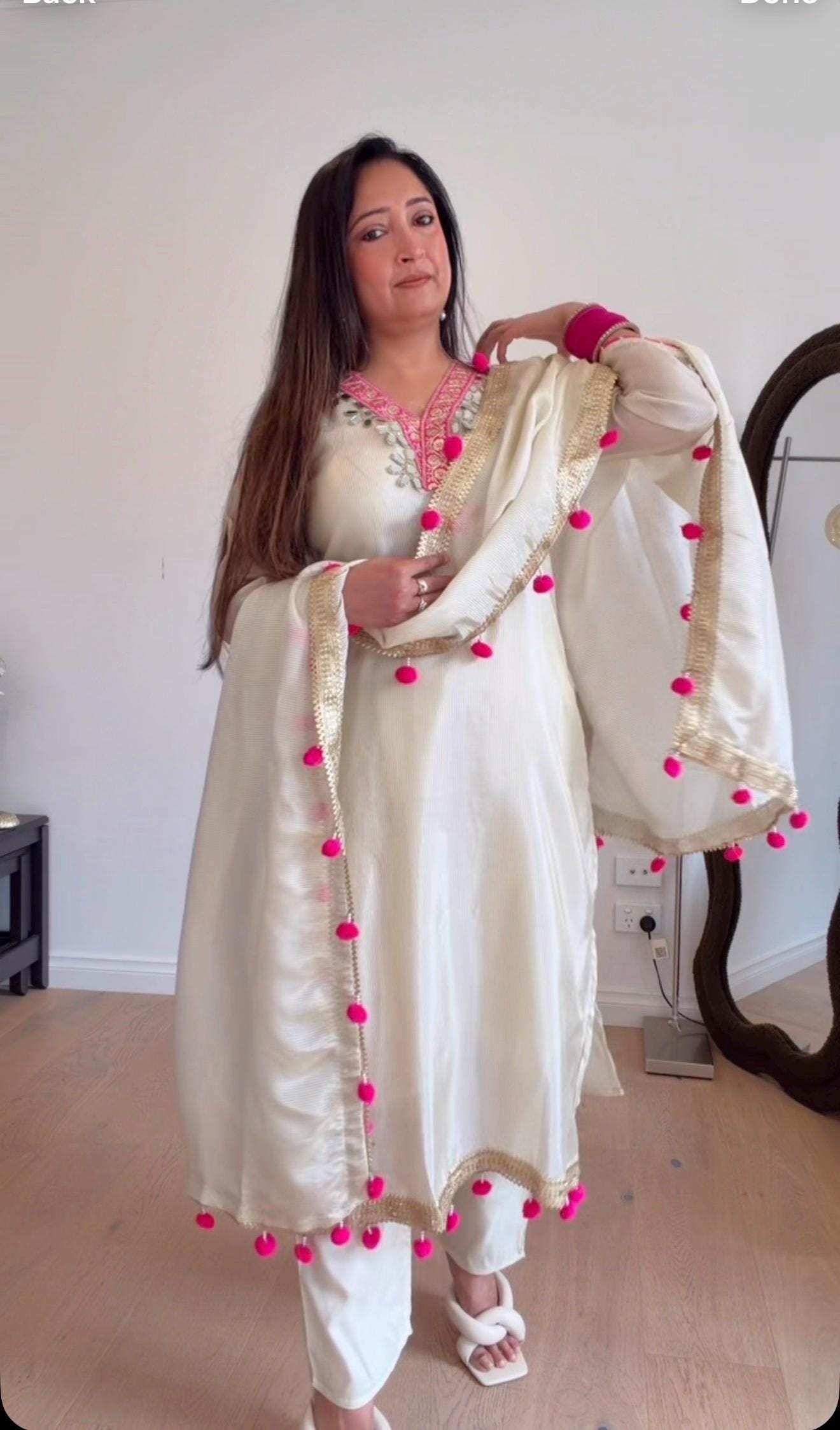 Ivory Silk Kurta Set with Pink Pom Pom Dupatta