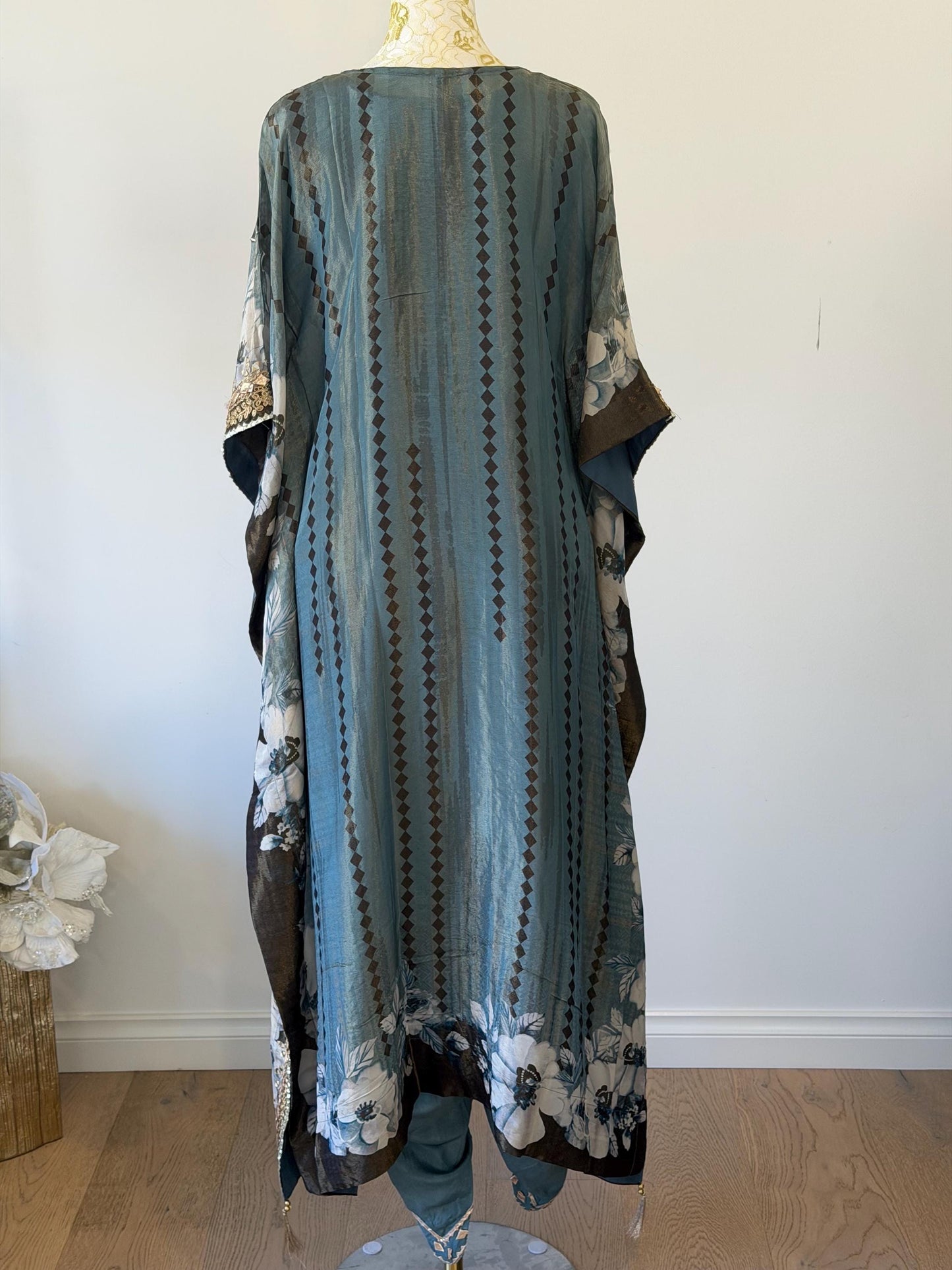 Embroidered Teal Kaftan Dress | Floral Print Modest Festive Wear