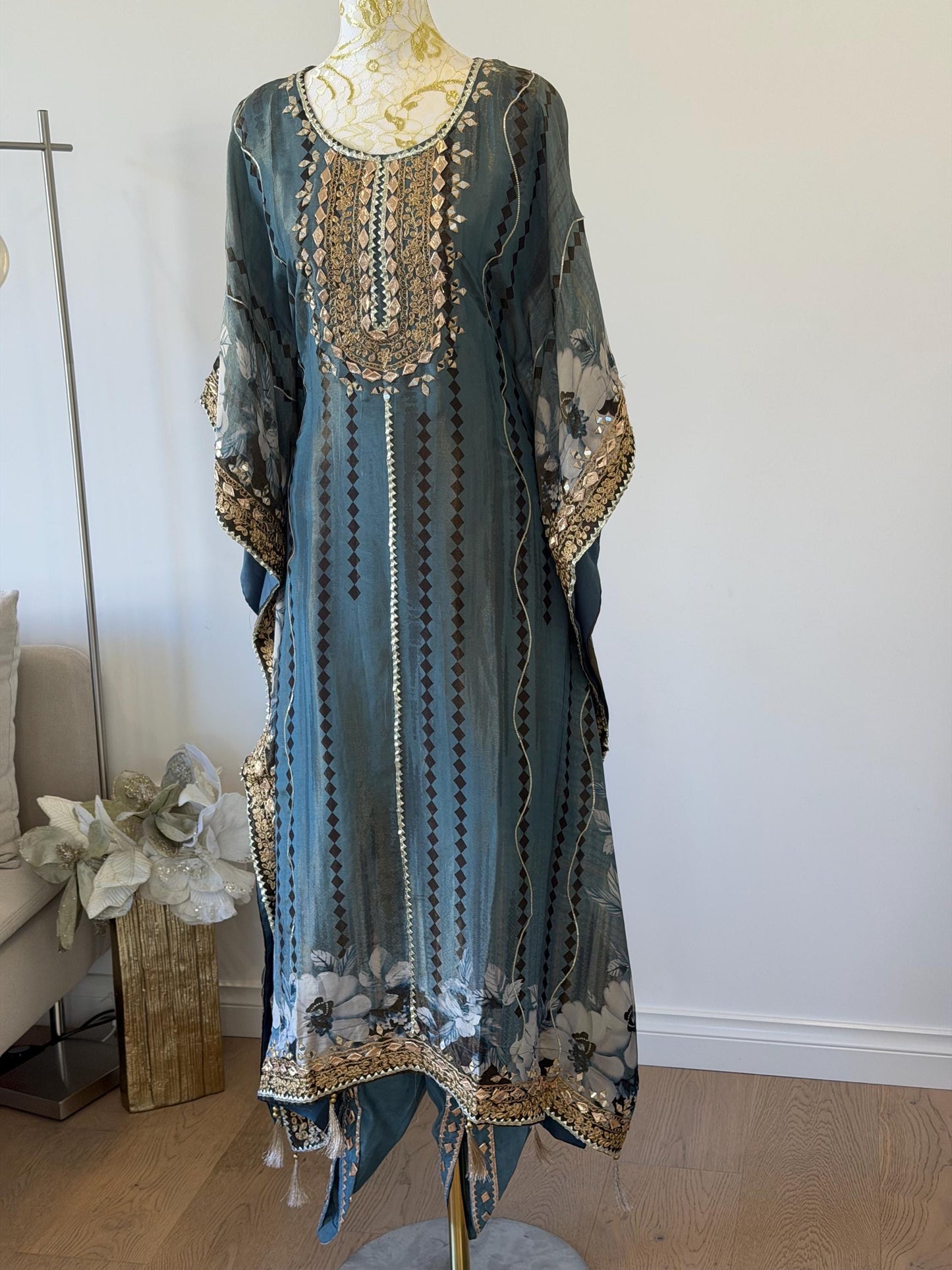 Embroidered Teal Kaftan Dress | Floral Print Modest Festive Wear