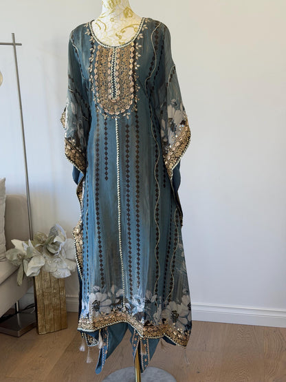 Embroidered Teal Kaftan Dress | Floral Print Modest Festive Wear