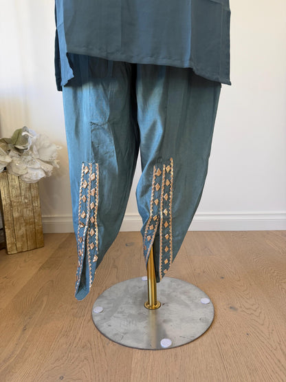 Embroidered Teal Kaftan Dress | Floral Print Modest Festive Wear