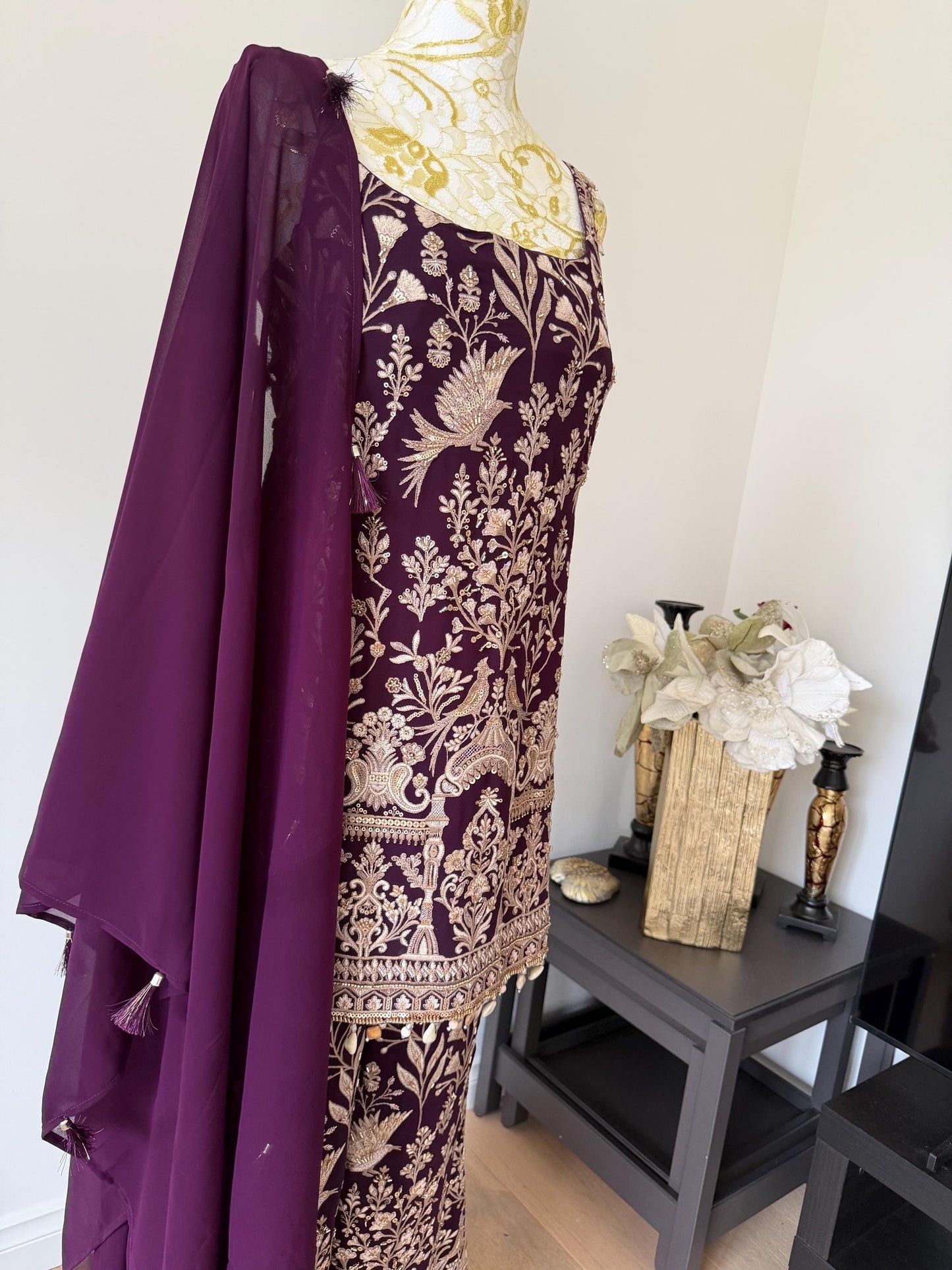 Wine Embroidered Georgette Suit Set